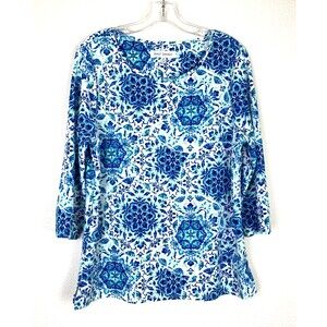 Emily Daniels Women's T-Shirt Size M Blue Green Abstract 3/4 Sleeve Textured